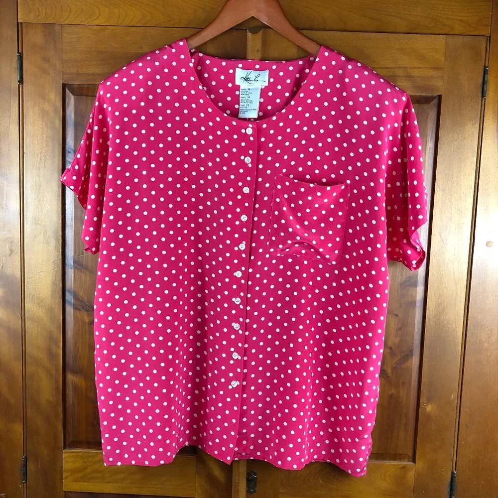 NEW Kathie Lee Vintage Silk Fushia Pink and White Polka Dot Short Sleeve Blouse - Picture 4 of 11